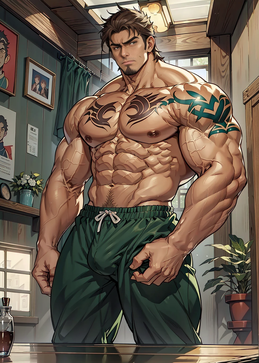 (shoeless)，show off thick arms to the audience，(Dark green tattoo on arm),(beardless)，(Top-down view)，(Side to audience) ，(Put your hands at your waist)， (eyes looking at audience) ，(body hair thick)，(There a huge protuberance across the part)，Side Body，Sense of evil，Sharp eyes，Thick dark brown hair on crotch，closeup of arms，((The camera zooms in))，((The audience blocked by the protagonist in a corner and the perspective slightly lower.))，(A perspective looking up from the protagonist)，(crotch)，(Shoulders exposed)，(Stout arms)，Shoulders very broad，Muscles protrude a lot，Bulging crotch，(Long and explosive legtremely tall height)，Highest image quality，Child，Anime ，anime wallpaper，Dilation of the pectoral muscles，Espalhe as pernas，sexy,(master part, best quality)，((Exaggerated bulge of muscles))，The protagonist very tall and his head almost reaches the ceiling.，The background in an interior with vintage furniture and vintage wooden floor surrounding，Lush woods outside the window，musclebound and hulking, muscular characters, super buff and cool, tall and muscular, muscular!!, very buff, muscular attractive men, massive muscles, big muscle, Muscular men, anime handsome men, muscular!, gigachad muscles, muscular bodies, muscular character，（Giant arm），(macropodia)