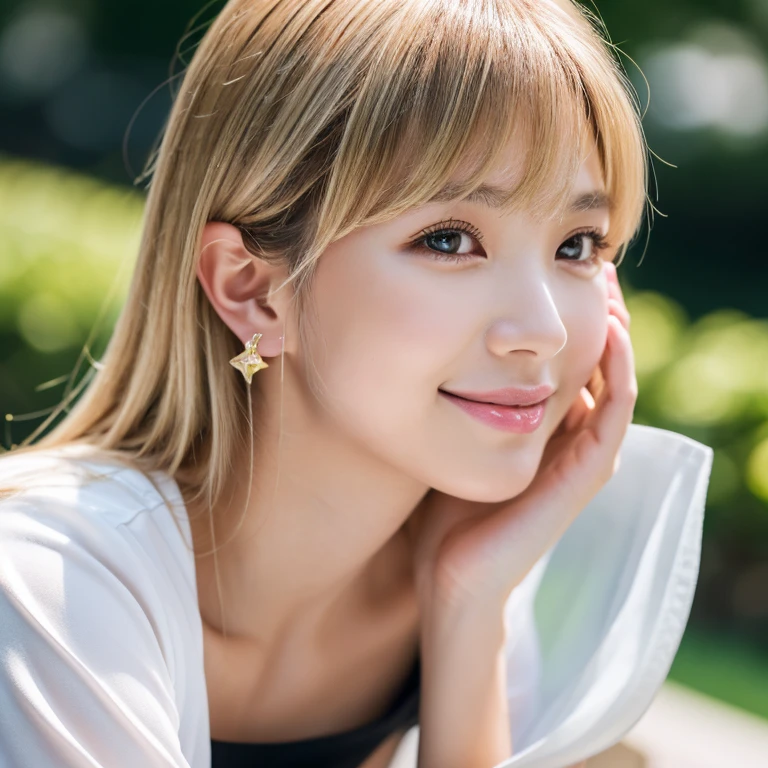 ultra high resolution, the best, 8K, realistic, university student, Beautiful woman, adult charm,very , looking at the camera,big breasts, sexy look, cleavage, bring your chest closer, beautiful clavicle, beautiful navel, smile, smile, luster, Big eyes, student highlights, Clear double eyelids, eyelash, long neck, blonde hair,Lady,dark black hair, bangs, attractive bangs, beautiful bangs, manager, I'm rooting for you,stick out your ears, bench,Returnee children, Jersey, skin oil, luster on lips