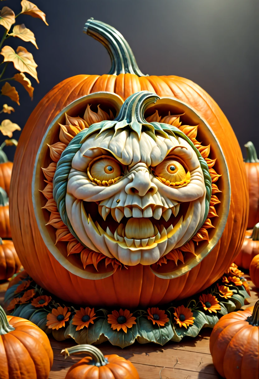 3D Carving on Pumpkin, Pumpkin Carving art, octane render, (best quality, masterpiece, Representative work, official art, Professional, 8k), (by Elsa Beskow)