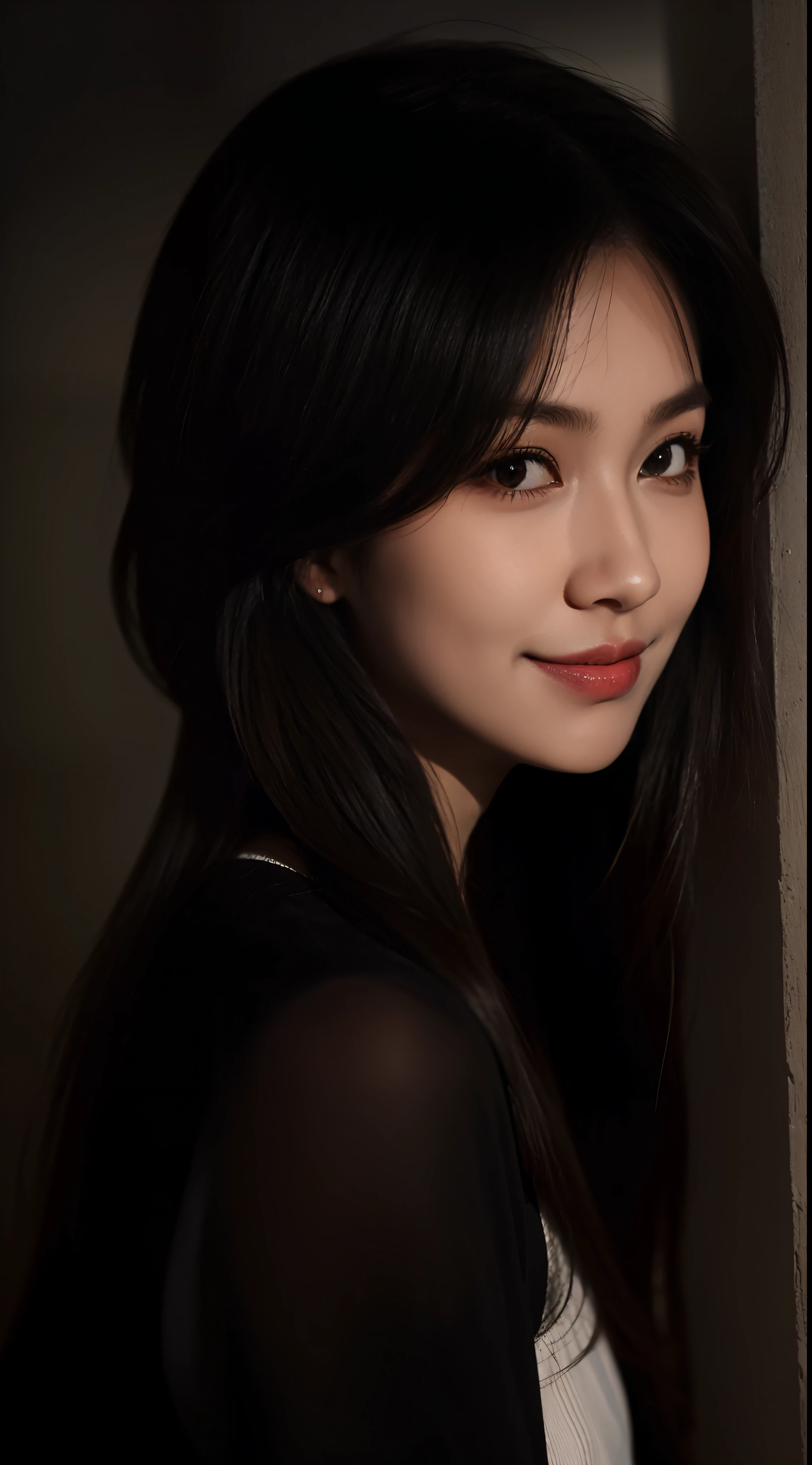 1 girl,fake smile,side,medium long hair,in the darkness,deep shadow
