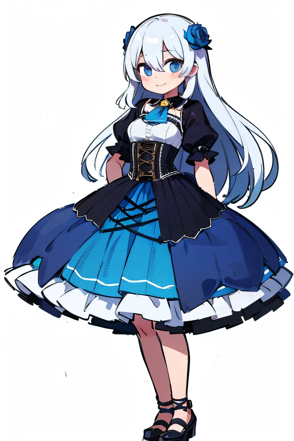high quality,(1 girl),a bit,cute type,smile,whole body,white background, very long hair,wavy hair,hair between eyes,coarse hair,silky hair,gray hair, blue eyes,((Blue rose hair ornament)), black horizontal color, Double color black on white, ,cut out the top, boat neck,small breasts, black short sleeve lantern sleeve,((navy ascot tie)), (black underbust corset with yellow laces),White Petticoat,navy blue overskirt,middle length,ankle straps,square toe,thick bottom