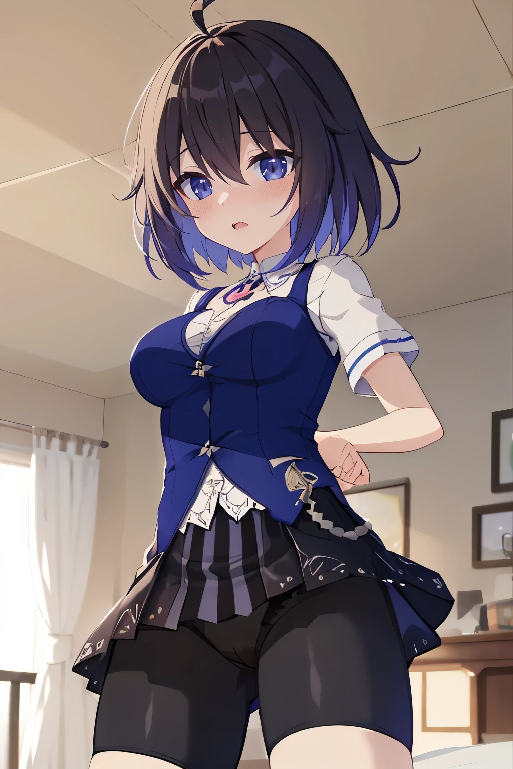 1 girl, best quality, ultra high res, ahoge, Seele Vollerei, looking at viewers, medium breast, standing, smile, open mouth, azure memories, short sleeves, Bike Shorts, bedroom, white bed sheets, pov, Skirt, Bike Shorts Under Skirt, Bike Shorts Detailed, HDR, chest tattoo, skirt hold,