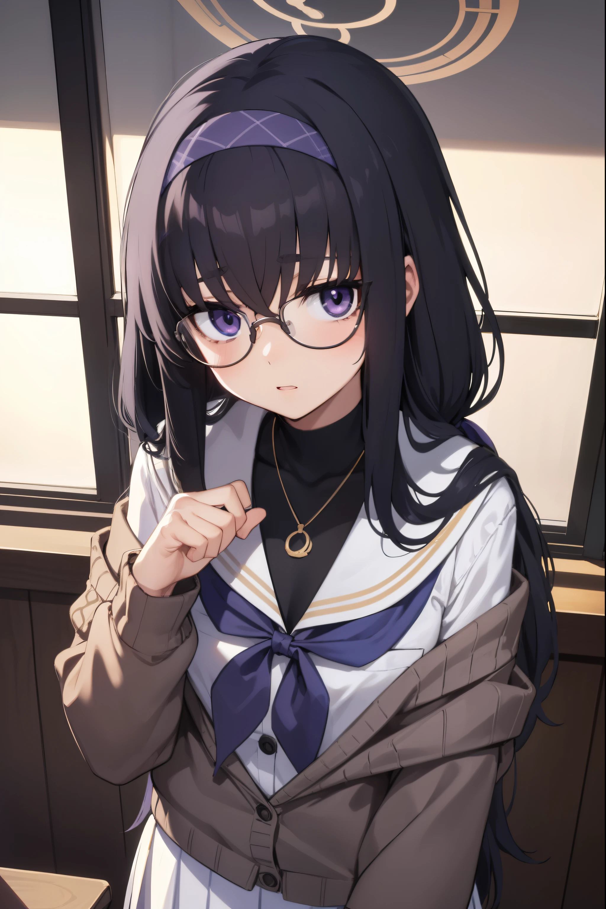 uikozeki, ui kozeki, bags under eyes, black hair, (purple eyes:1.5), glasses, halo, long hair, red-framed eyewear,
BREAK black pantyhose, black undershirt, blue hairband, blue neckerchief, brown cardigan, brown sweater, cardigan, hairband, long sleeves, messy hair, neckerchief, pantyhose, sailor collar, school uniform, serafuku, sweater, white sailor collar, white serafuku, skirt, long skirt,
BREAK looking at viewer,
BREAK indoors, classroom,
BREAK (masterpiece:1.2), best quality, high resolution, unity 8k wallpaper, (illustration:0.8), (beautiful detailed eyes:1.6), extremely detailed face, perfect lighting, extremely detailed CG, (perfect hands, perfect anatomy),