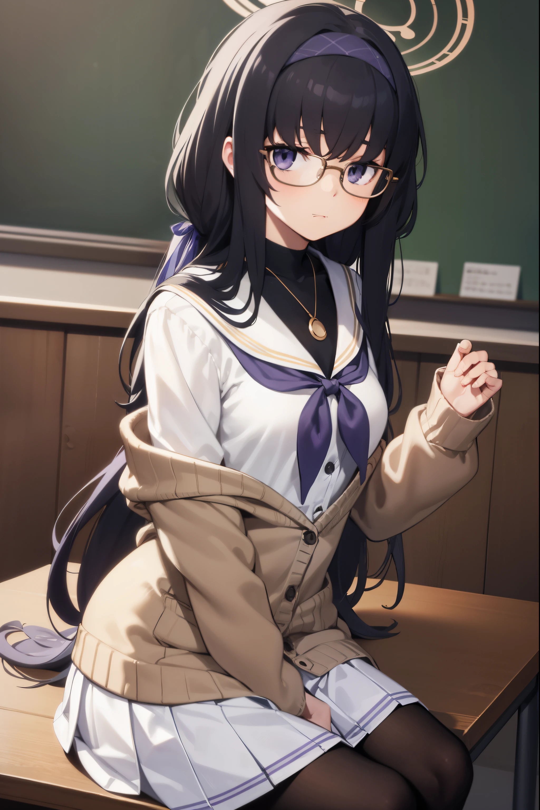 uikozeki, ui kozeki, bags under eyes, black hair, (purple eyes:1.5), glasses, halo, long hair, red-framed eyewear,
BREAK black pantyhose, black undershirt, blue hairband, blue neckerchief, brown cardigan, brown sweater, cardigan, hairband, long sleeves, messy hair, neckerchief, pantyhose, sailor collar, school uniform, serafuku, sweater, white sailor collar, white serafuku, skirt, long skirt,
BREAK looking at viewer,
BREAK indoors, classroom,
BREAK (masterpiece:1.2), best quality, high resolution, unity 8k wallpaper, (illustration:0.8), (beautiful detailed eyes:1.6), extremely detailed face, perfect lighting, extremely detailed CG, (perfect hands, perfect anatomy),