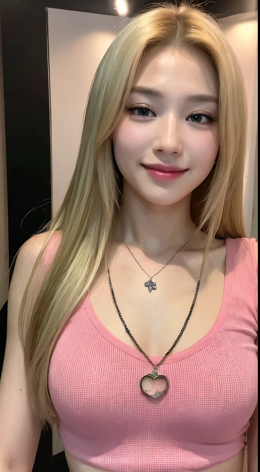 (top quality, 8k, masterpiece: 1.3), beautiful woman with perfect figure: 1.4, very small flat breasts, blonde straight tied hair, pendant, pink t-shirt, nightclub environment, highly detailed face and skin, detailed eyes, double eyelids, smile, full body