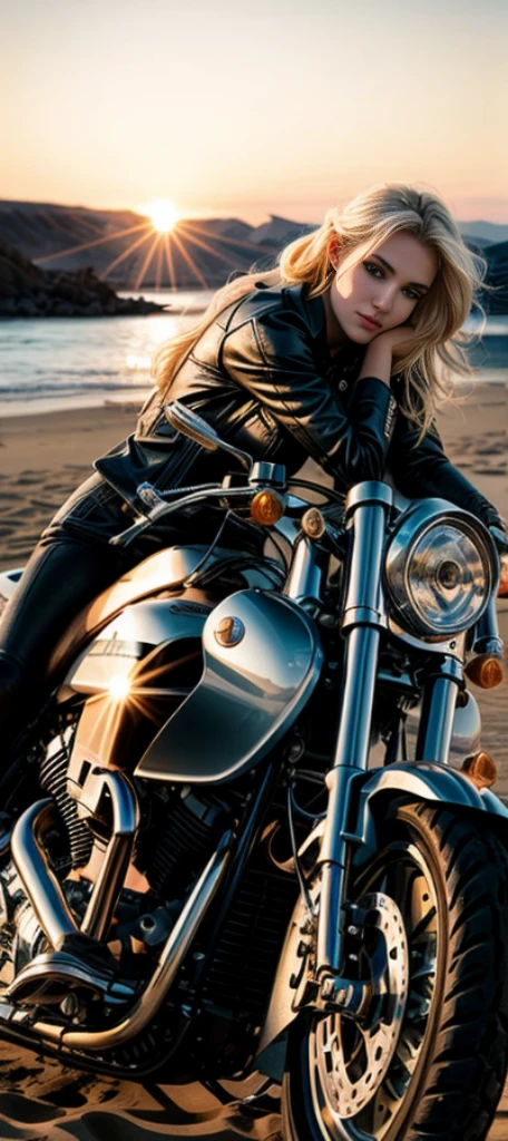 A blond woman sitting on a motorcycle in the sand near the water, Harley Queen, sitting on a motorcycle, profile picture, photo shoot, by Roman Brook, golden hour shot, high-quality upload, motorcycle, Leica SL2 shot