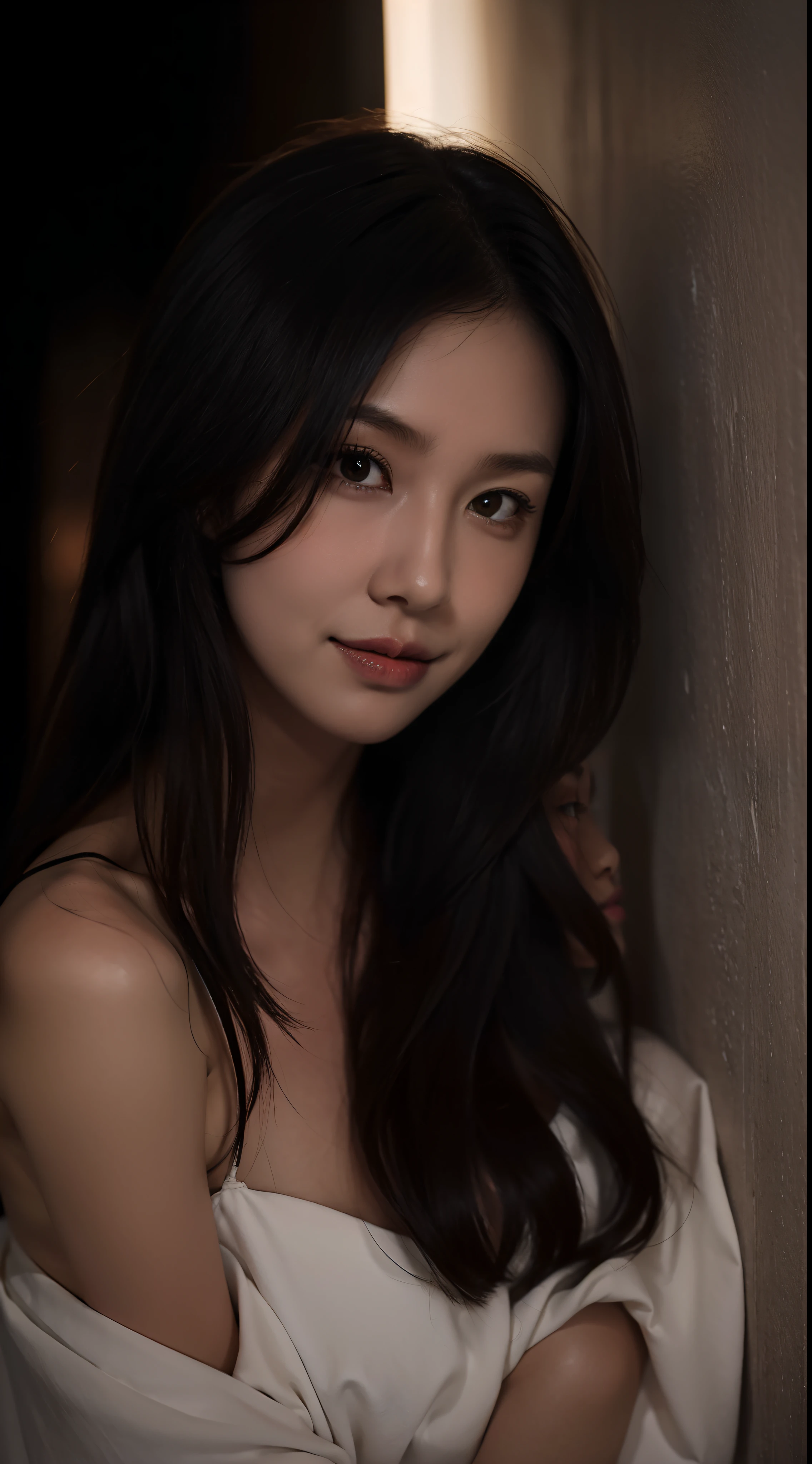 1 girl,fake smile,side,medium long hair,in the darkness,deep shadow