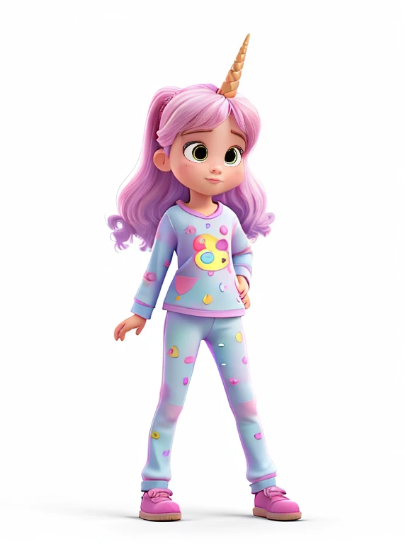 Girl in unicorn pajamas facing, style pixar 3D