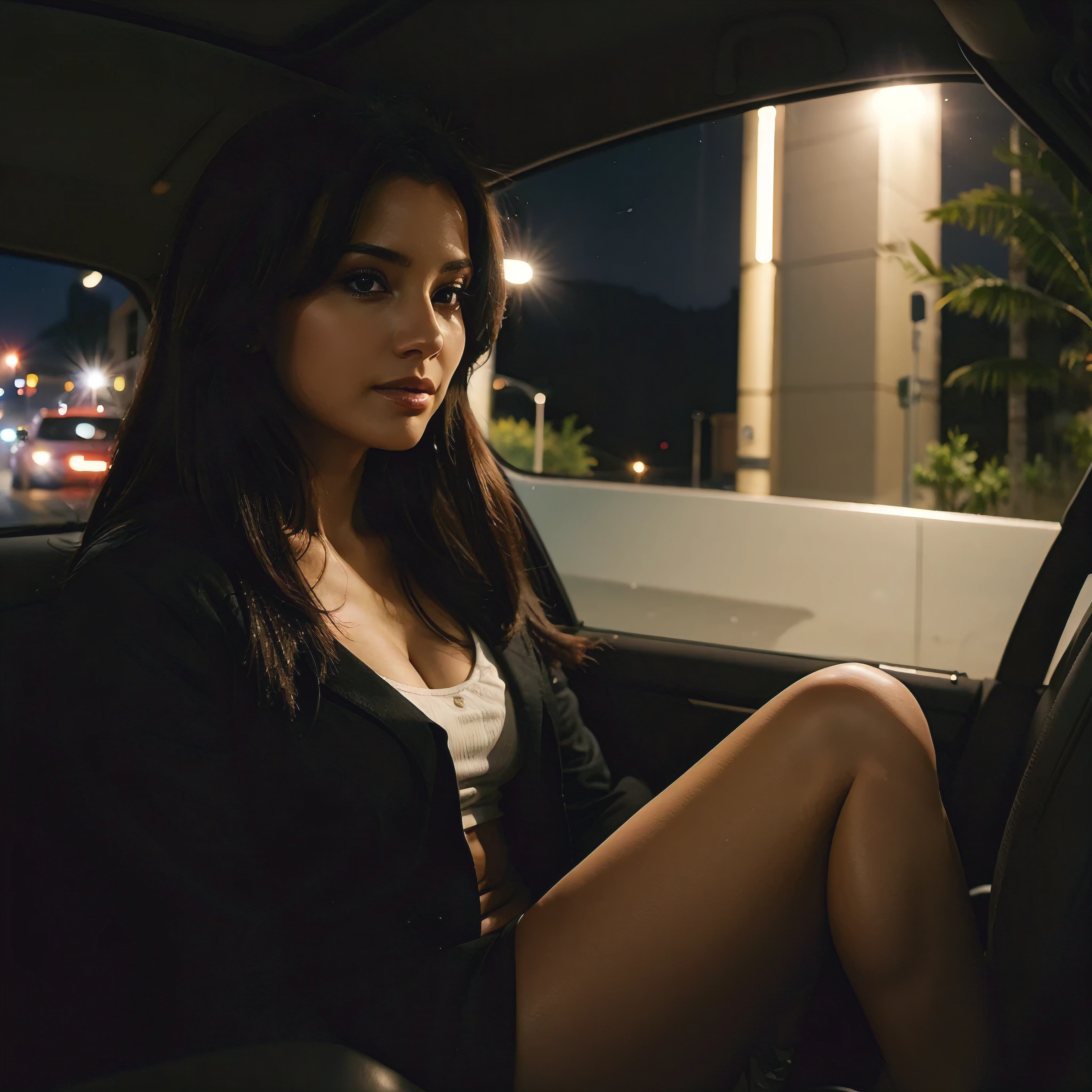 into the car, a beautiful woman driving a car in the night