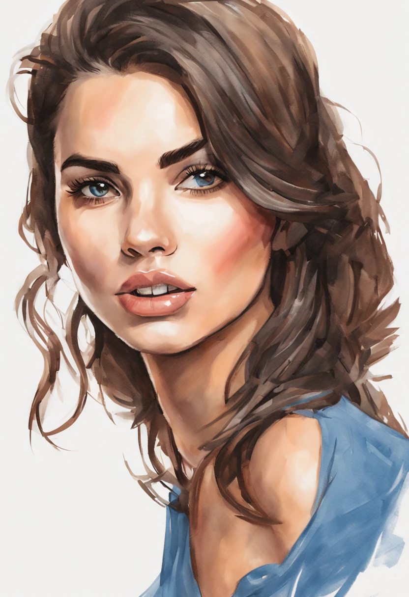 Full body multiple pose sketch of Latina woman Alicia Hernández, 21 years old, short, straight brown hair, blue eyes, long eyelashes, perfectly outlined eyebrows, high heels that highlight her fine, shaved legs, short blue skirt and torn black blouse, nails long brown hands, burnished skin, inside view big mouth open red beauty lips, white background, clean, no stains, perfect strokes from a digital art illustrator.