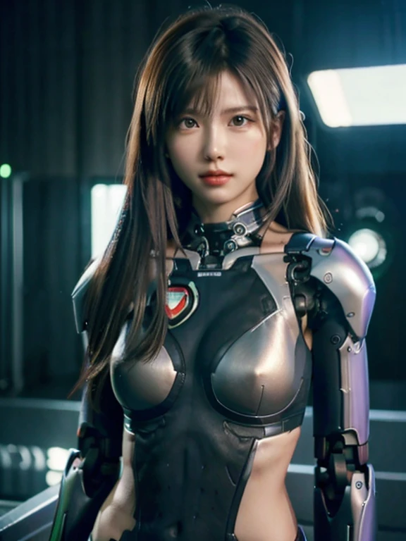 masterpiece、live-action、Over-the-knee portrait、((purple, green and black plug suit)), ((beautiful girl:1.2))、mechanized body、Mechanized chest and abdomen、mechanized occiput、Light brown semi-long hair, almost black、long eyes、Mechanized leg rack metallic suit that perfectly fits the body、Have an assault rifle、(Destroyed background after battle)、artificial body、abdominal mechanism、((robot arm and hand))、((robot legs))、((machine neck))、Inside the spaceship、beautiful girl、19 years old、asian beauty, Actuator and cable are exposed in the abdomen、cyborg、150mm、beautiful studio soft light、rim light、vivid details、gorgeous cyberpunk、surreal、anatomical、facial muscles、cable wire、elegant、beautiful background、octane rendering、HR giger style、8K、highest quality、very delicate and beautiful、 Highly detailed CG、(real、photorealistic:1.37)、amazing details、Highly Detaild CG Unity 8k wallpaper、Full body Esbian、
