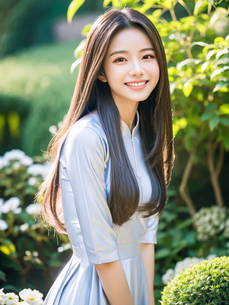 east Asian girl , smile , long smooth shiny silky silver hair, Realistic lighting, pretty face , Body perfect anatomy,Top Quality, 8K Resolution , full body , real human , High quality, realistic , Cinematic, Aesthetic, beautiful girl , aodai princess , garden background