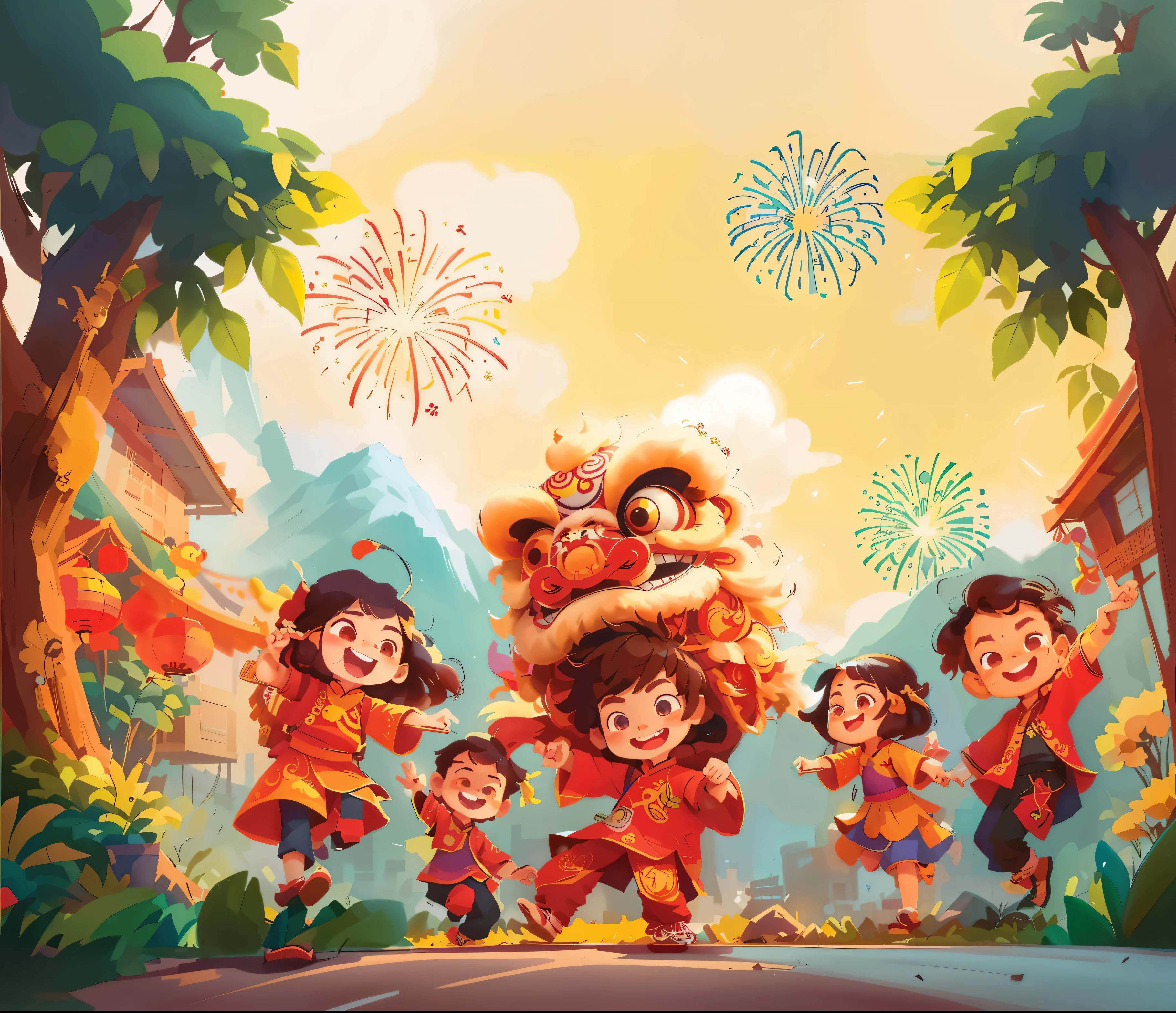 cartoon illustration of a group of ethenic children in vietnam costumes with happy face, smile face, the mountain backgound with firework on sky, lunar new year asmosphere, Tet Holiday, Tet Traditional Viet Nam, dragon year, a beautiful artwork illustration, official artwork, childrens art in artstation, in the style of sachin teng, by Ryan Yee, by Qu Leilei, colorful kids book illustration, by Yang J, inspired by Pu Hua, official illustration, sachin teng, jen bartel, game illustration, official art, by Li Song