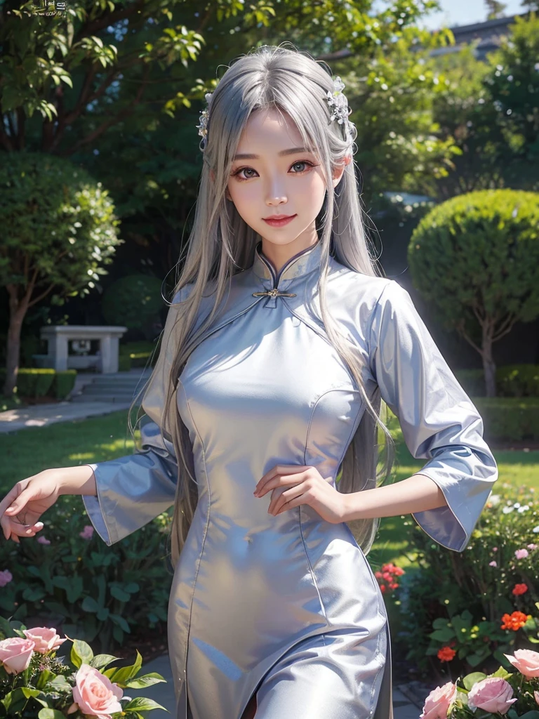 There is a girl in a green dress, plum blossoms, palaces, oriental architecture ray tracing, {best quality}, {{masterpiece}}, extremely detailed 8K wallpaper, {an extremely delicate and beautiful}, colorful, intricately detailed, Realistic, real, camera quality, (detailed depiction of clothes), cool white skin, (detailed depiction of blush), 1080p, sun, soft cuteness, smooth light silver hair, messy beauty, lighting, broken feeling, bright and silky skin , 3D stereoscopic, masterpiece, best quality, super fine illustration, beautiful eyes, very fine light, fine glow, very fine 8K CG wallpaper, peach eyes, red pupils, an extremely delicate and beautiful girl, 8k Wallpaper, best quality, half body close-up, white long dress, luxurious silky bright red chiffon floodlight (magic, glitter, ultra-thin, soft,) Hanfu