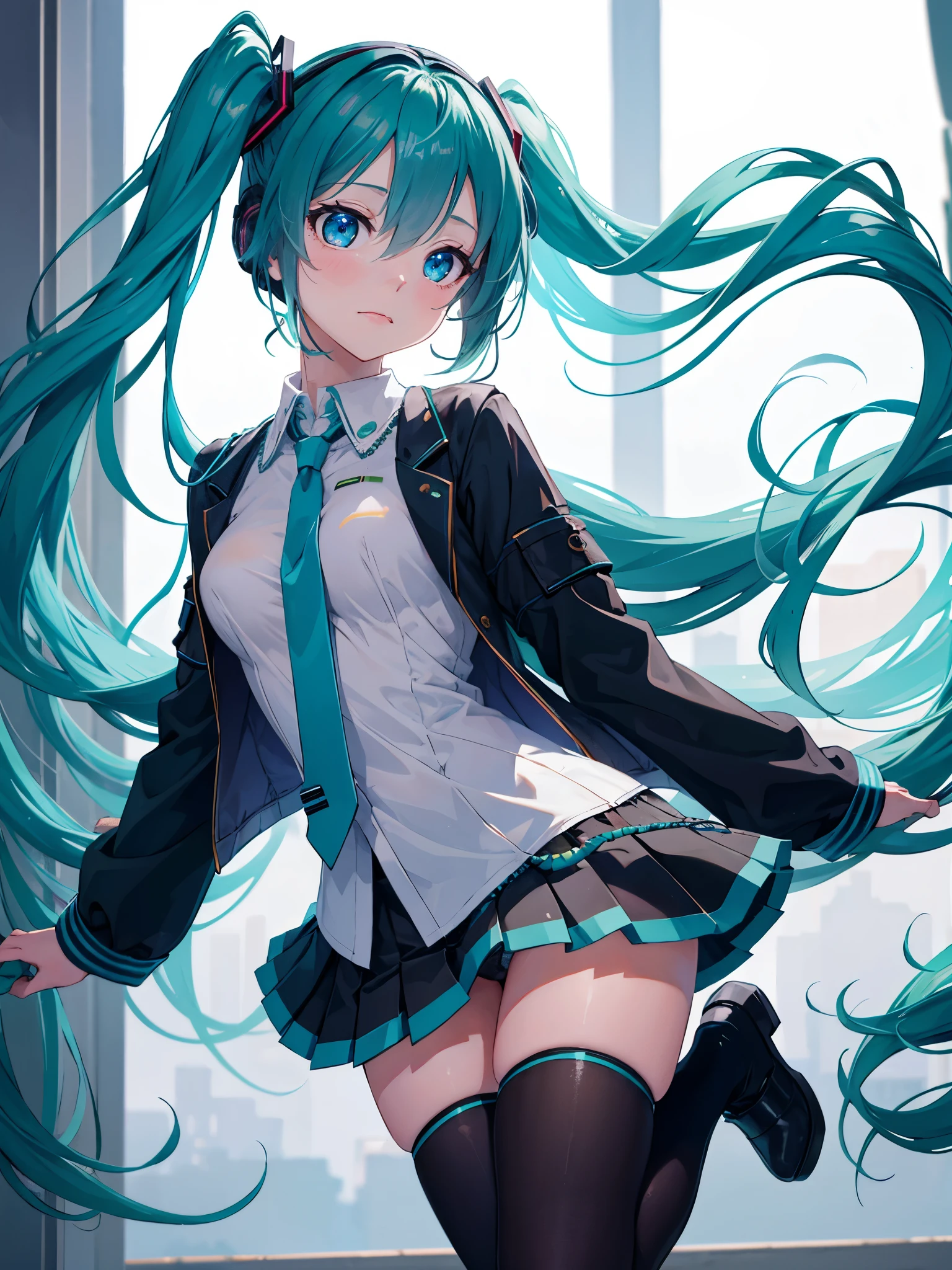 (1 girl),(high quality), (High resolution), (extremely detailed), (8K),(lower body shot),(Hatsune Miku is wearing panties under her school&#39;s translucent uniform and dark blue short pleated skirt.),(wearing black knee-high stockings)not wearing shoes,perfect writing,(Beautifully erect nipple shape:1.2),High resolutionの美しい目,(neutral white lighting:1.2),Dancing in another world with strong winds
