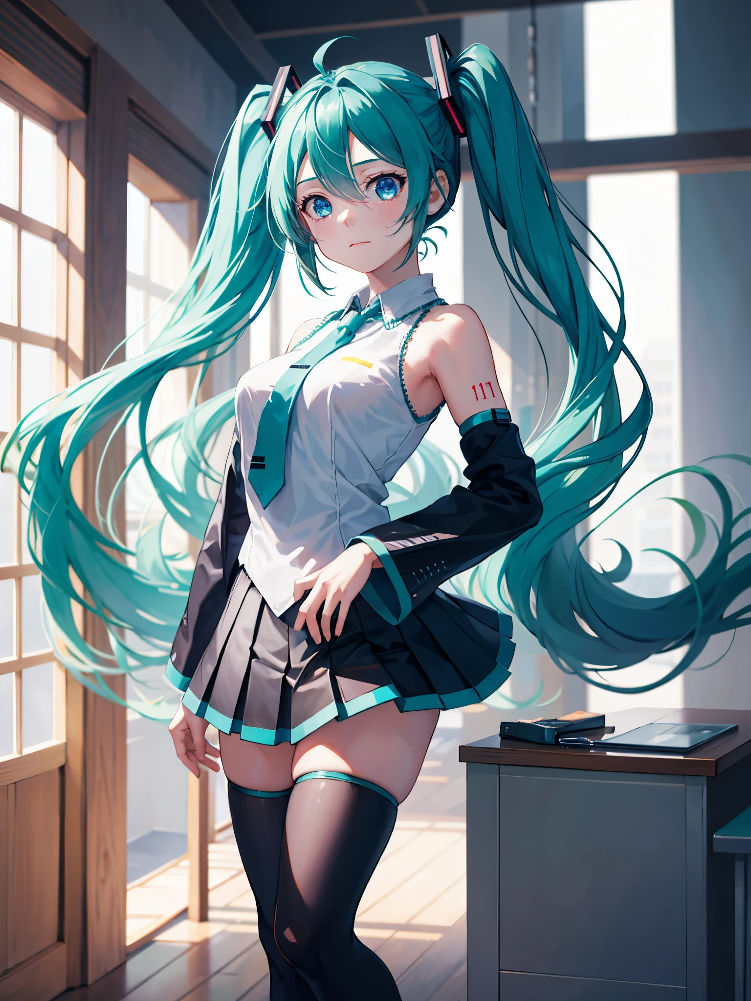 (1 girl),(high quality), (High resolution), (extremely detailed), (8K),(lower body shot),(Hatsune Miku is wearing panties under her school's translucent uniform and dark blue short pleated skirt.),(wearing black knee-high stockings)not wearing shoes,perfect writing,(Beautifully erect nipple shape:1.2),High resolutionの美しい目,(neutral white lighting:1.2),Dancing in another world with strong winds