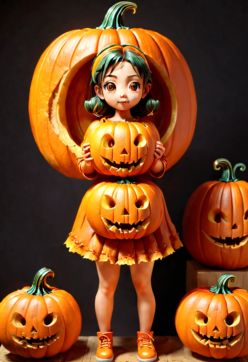Pumpkin Carving art, 1girl, octane render, (best quality, masterpiece, Representative work, official art, Professional, 8k), (by Yoshitomo Nara)