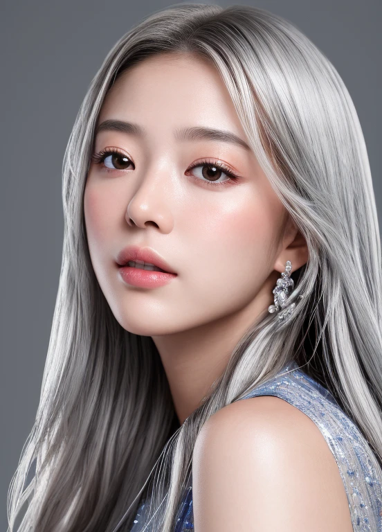best quality,masterpiece,extremely detailed,high res,4k,ultra high res,detailed shadow,ultra realistic,realistic,dramatic lighting,1girl,solo,detailed face,realistic eyes,realistic skin,silver hair,dynamic pose, より現実的に,baby face,額が広い、水平な眉毛、垂れ目、ショートヘア、真正面、黒キャミソール,upper body,shoulder-level shot,重めの二重瞼,up nose,