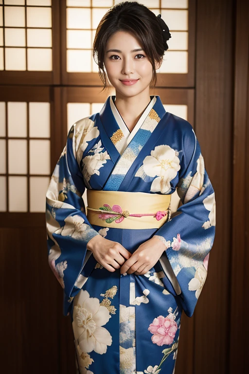 (RAW photo), (Photoreal), (masterpiece), (highest quality), High resolution, 8K, (intricate details), (light with volume), portrait, japanese woman, 40 years old, short hair, straight hair , chignon hair, brown hair, very fine eyes, Source Order, very thin eyebrows, Very fine skin, Very fine mouth, Very fine nose, cute like an idol, smile, (thick lips), (looking at the viewer), (wearing a kimono komon),Photographed at a Showa photo studio，full body image