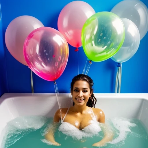 Pretty girl showering with balloons. Muchos globos de latex . Globos de helio grandes . Bath with balloons , beautiful girl in the bathtub with balloons. Pisicina miles de globos 