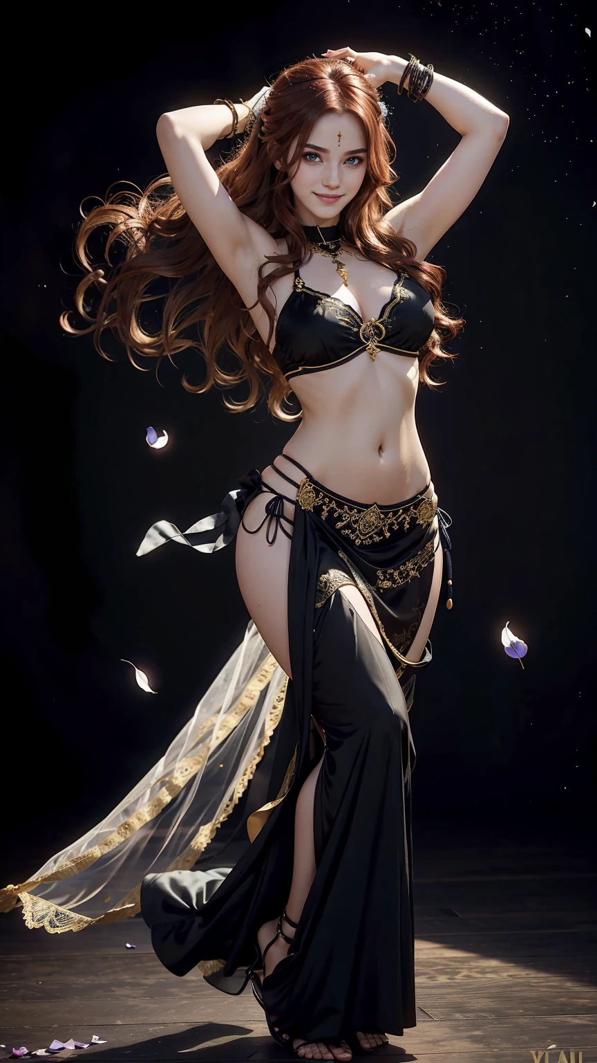 24-year-old Caucasian woman、Hair color is reddish、Hair is wavy、Eye color is blue、long hair、Hair is tied back、slender、smile、My abs are cracked、slenderだが均整の取れた細マッチョ、I'm wearing pin heels、smile、accessories on the wrist、wearing a belly dance costume、hiding the mouth with a veil、dancing belly dance、Pitch black background、Flower petals are dancing all over the screen