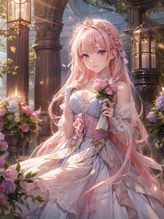 Holding a flower in your hand、pink hair tied with bangs at the front, blue eyes, wearing a violet dress with shiny dots on the salon wearing satin gloves, keeping her hands together in an elegant pose, has touches of gold and carries a crown of counts on her head