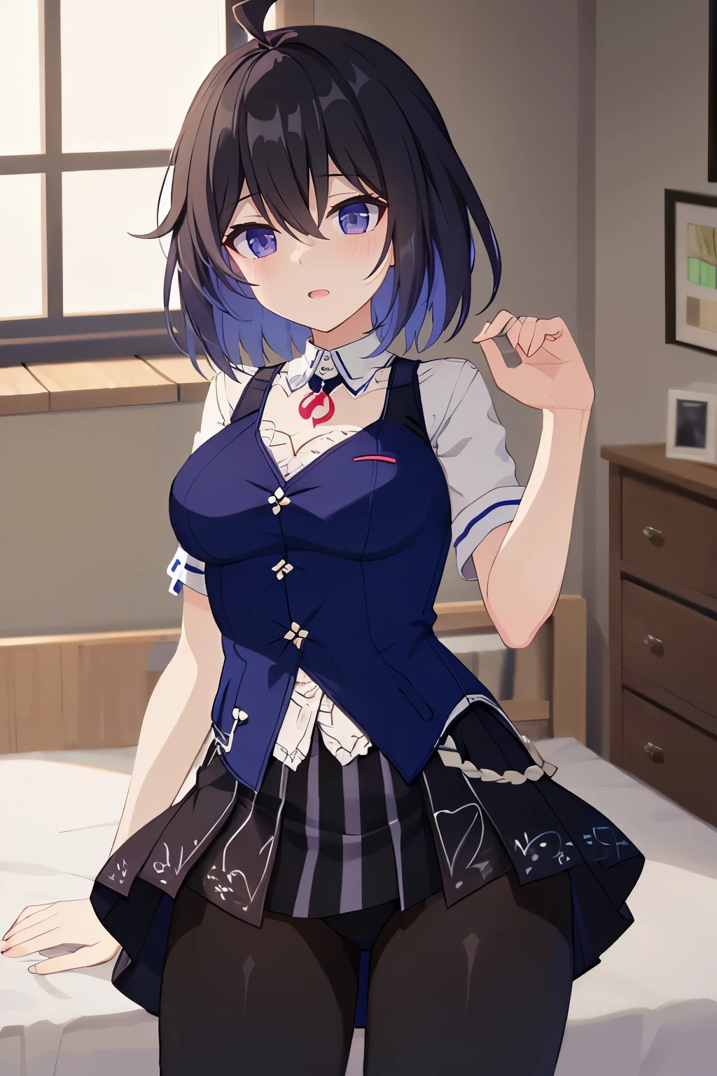 1 girl, best quality, ultra high res, ahoge, Seele Vollerei, looking at viewers, medium breast, standing, smile, open mouth, azure memories, short sleeves, Bike Shorts, bedroom, white bed sheets, pov, Skirt, Bike Shorts Under Skirt, Bike Shorts Detailed, HDR, chest tattoo, skirt hold, 