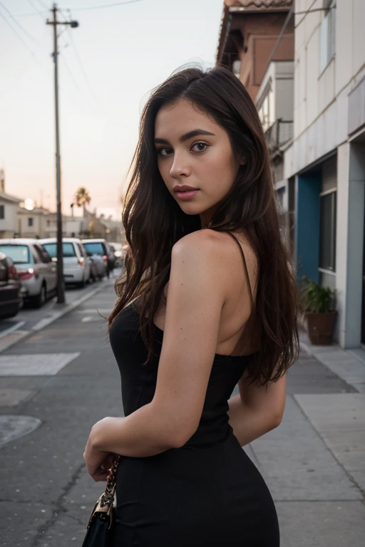 ((best quality)), ((masterpiece)), (detailed), perfect face realistic photo of beautiful woman with long dark brown hair, Russian, influencer, light freckles, dark brown eyes, big lips, no makeup, instagram, 64k, masterpiece, sharp photo, looking at the viewer, dark brown hair, holding a Dior bag, wearing tight shirt, Venice beach street behind her, Los Angeles behind, dark brown long hair, perfect body, model looking, realistic photo of a girl, wearing long tight black tight dress, dark outside, right after sunset, keeping hands behind her,