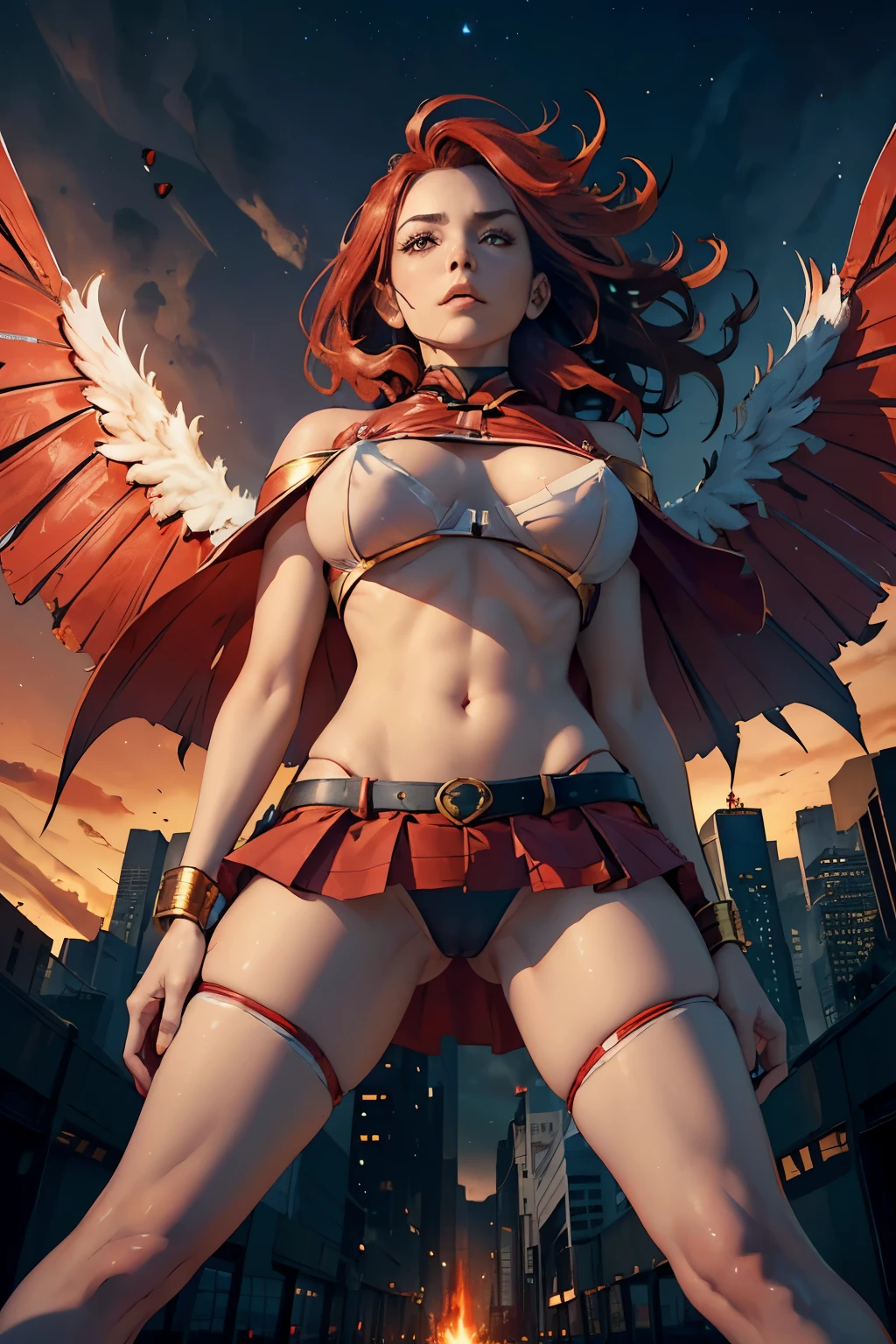 (NSFW panoramic between legs shot:1.1) "NSFW POV:You NEED to see my RED PANTIES!",{{{{{30y Supergirl betrayed by blazing red underwear seen under mini skirt in the wind}}}}}NSFW ultra quality very dark night scene image,hyper realistic panoramic distance shot smiling athletic BLACK SHORT HAIR Supergirl with 4 eagle wings(standing busty body:1.3)(2 pair of perfect symmetrical angel wings in the back:1.4)(determined soft smile expressive feminine face:1.3)(looking at viewer:1.1)(stars in beautiful detailed hazel green eyes:1.2),intricate shinning white and fire effect in image,{{glowing neon lace white 2 set minimalist Supergirl "S"chest cosplay uniform}}(((medium breast covered with semi-transparent white V-collar torn crop top)))(((tiny uncovered hips)))(((big ass)))(((white see-throught ultra mini skirt in strong wind(NSFW transparent:1.1)(strong wind:1.8))))(((golden "S" chest and hyperdetailed buckle belt,golden shoulder pads and bracers)))(((a "blazing-like-in-fire" red long torn cape attached to hyperdetailed golden shoulder pads moving in strong wind effect))),{{{{{stylish blazing red pantie partly seen under mini skirt moving in the wind}}}}},{{{{{chiaroscuro colors opposition between the stylish blazing red pantie and cape(blazing red color:1.9)and the white and fire surrounding effect(white and fire surrounding color:0.9)}}}}},cinematic lighting,surrounding effect of fire in a ruined buiding,full body image detailed NSFW Supergirl standing in the middle off a ruined concrete floor,shot on a ruined roof of a skyscraper,abstract,late night sky,perfect shadows+fine cityscape surrounding details+octane render+1 solo girl only,full body in frame,8k,abstract,Rule Of Thirds,(depth of field:1.2)(image taken from below:1.4),panoramic shot by lee jeffries nikon d850 film 4 kodak camera f1.6 lens rich colors hyper realistic lifelike texture,trending on artstation cinestill 800 tungsten