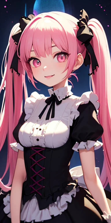 (pink hair,colorful fluorescence multicolored hair:1.5,twintails:1.5), (masterpiece, sidelights, exquisite beautiful eyes: 1.5), masterpieceportrait, realistic, ((gothic horror background:1.5)),(Gentle face:1.5),colorful,3D face,(cute face),front view: 1.6、 (glowing red eyes:1.2),(tareme:1.5)、(Gentle smile:1.5),((blue lip rouge:1.2)),Slim Body, shiny hair, shiny skin: 1.5、medium breasts,、solo,(stand)、(gothic ta dress:1.5)、(charactor focus:1.5、portlate、eye focus,cowboy shot)、bright atmosphere,intricatedetails