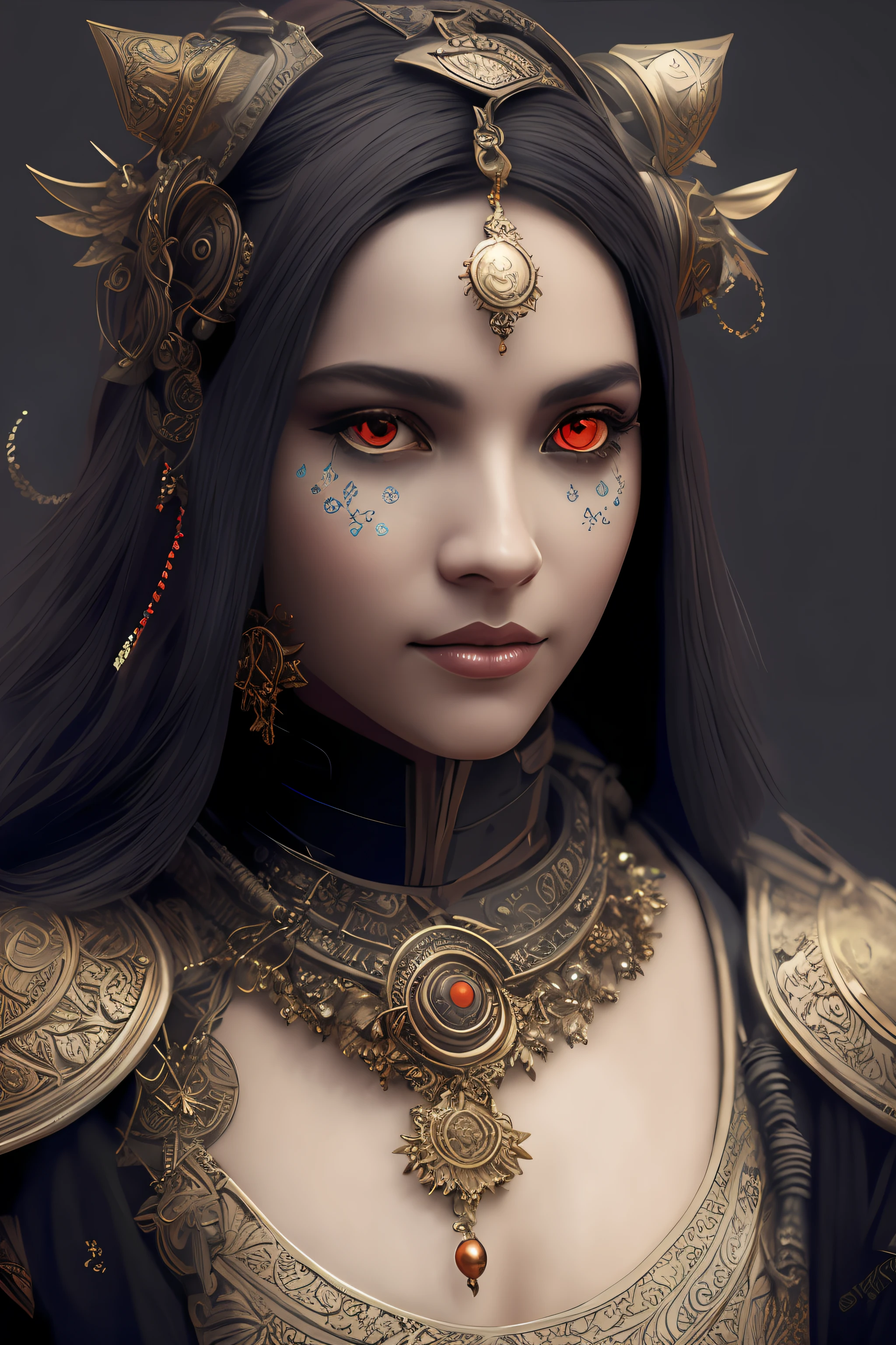 um close up de uma pessoa vestindo uma fantasia com olhos vermelhos, personagem de fantasia hiperdetalhado, Retrato detalhado de um ciborgue, Retrato do humanoide masculino, personagem de fantasia octane render, beautiful biomechanical djinn, portrait of a robot shaman, Retrato de uma rainha ciborgue, Arte digital escura, mas detalhada, fundo ninja do ciborgue fractal, Retrato de um samurai cyberpunk, personagem de fantasia digital