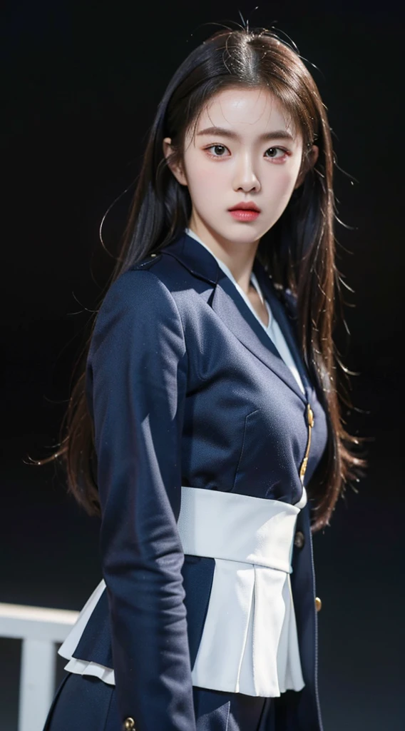 hyper-realistic，8K，ultra high definition，High school girl ，cool，Navy uniform，graduate，background black background，Realistic skin texture，film lighting、Ray tracing，Canon、f/2.8、16k、high resolution，precise，blur