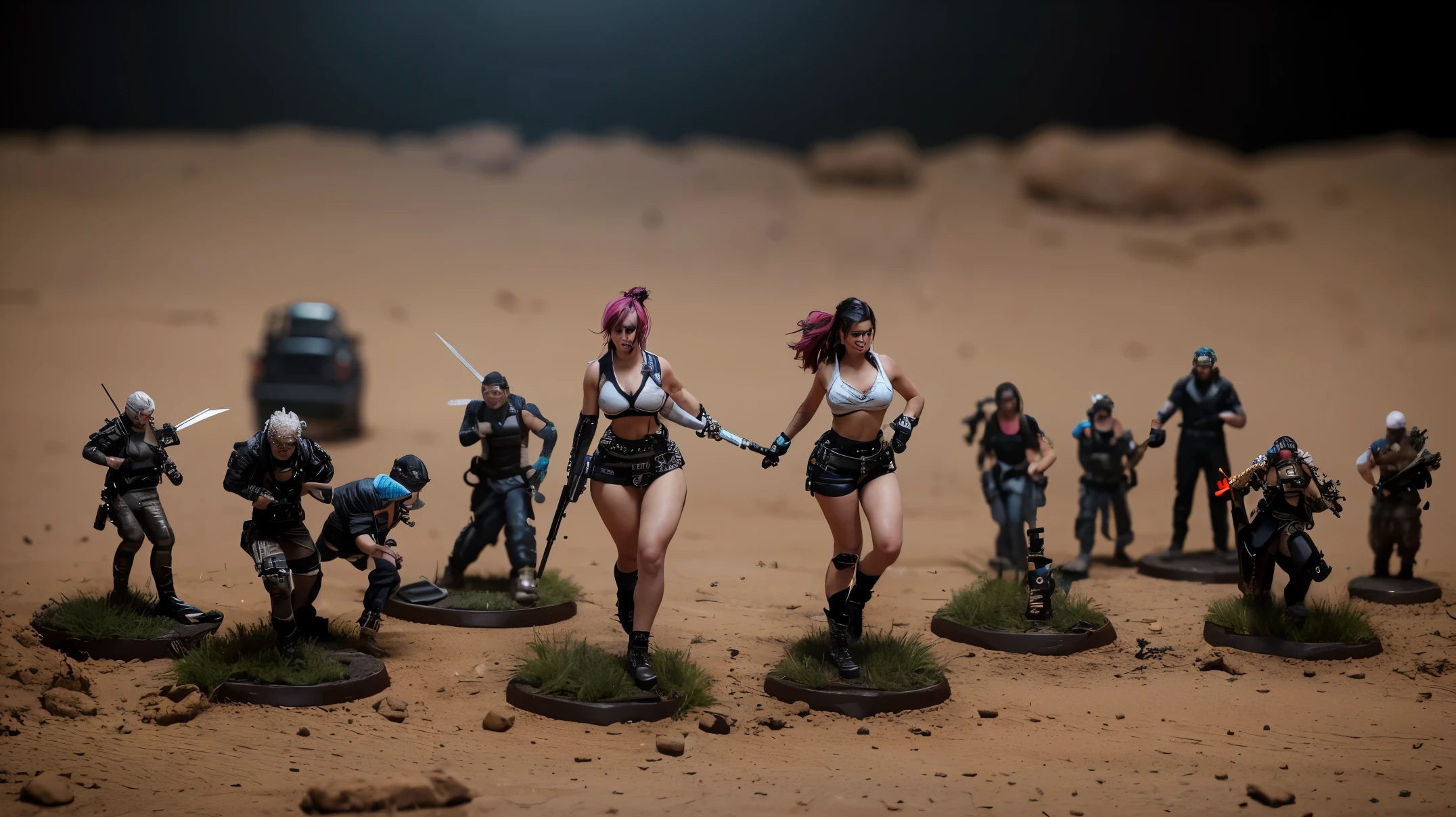 crowd of ultra hot gorgeous woman runs, extremely detailed, 8K, apocalyptic punk style, miniatures, macro photography in close-up