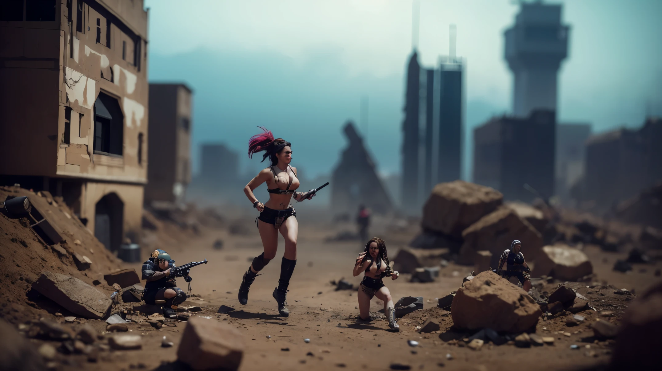 crowd of ultra hot gorgeous woman runs, extremely detailed, 8K, apocalyptic punk style, miniatures, macro photography in close-up