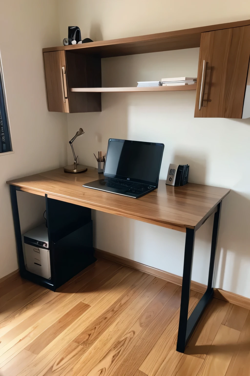 home work，a table，Light brown wood grain desktop，4 black metal legs，There  a desktop computer on the table