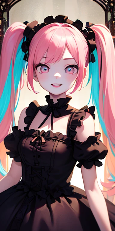 (pink hair,colorful fluorescence multicolored hair:1.5,twintails:1.5), (masterpiece, sidelights, exquisite beautiful eyes: 1.5), masterpieceportrait, realistic, ((gothic horror background:1.5)),(Gentle face:1.5),colorful,3D face,(cute face),front view: 1.6、 (glowing red eyes:1.2),(tareme:1.5)、(cute smile:1.5),((blue lips:1.2)),Slim Body, shiny hair, shiny skin: 1.5、medium breasts,、solo,(stand)、(gothic ta dress:1.5)、(charactor focus:1.5、portlate、eye focus,cowboy shot)、bright atmosphere,intricatedetails