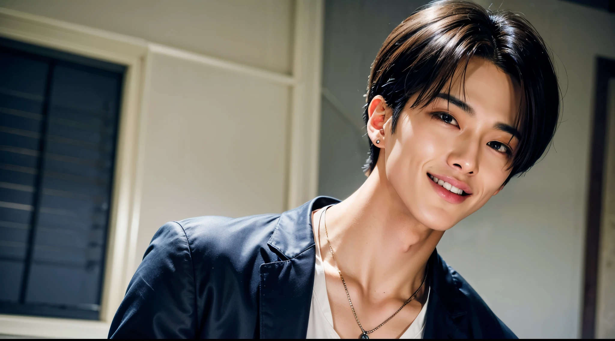 ((Toothy Smile)), ((Japanese man)), Rustic, (looking away), Masterpiece, shortHair, male, Out of Eyes, Upper Body, (Shirt), black Hair, Asian, (Black Eyes), Non-cropped Head Angle, 4K, High Quality Image, Detail, Sharp Focus