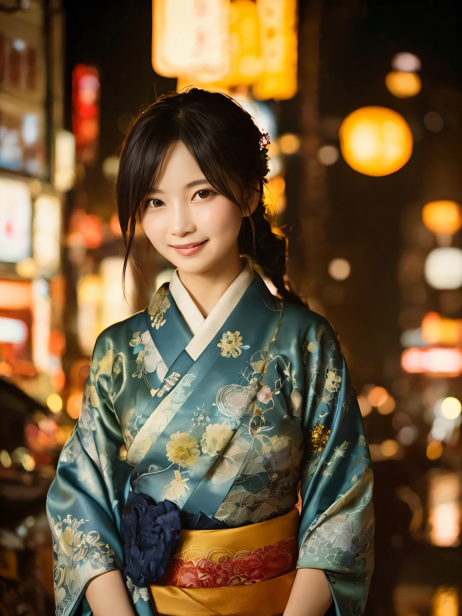 Creating an attractive image of Japanese beauty, sensory settings. She&#39;s in a luxury store, Late night Tokyo rooftop party, Under the dazzling neon sky. Her costume is a modern take on a traditional kimono.., Tailored to highlight her elegant figure, Uses fabrics that subtly suggest the curves below. A skillfully disheveled kimono., suggest a carefree spirit. her hair is neatly tied, Still messy hair, A few strands of hair playfully stroke her face. she has something delicate, antique electric fan, partially covering her charming smile. The lighting is also moody and atmospheric.., Highlights her striking features and textures。. she glances over her shoulder, Her eyes are filled with a mixture of mystery and invitation... Blur of city lights in the background and figures in the shadows., Her captivating presence attracts attention.