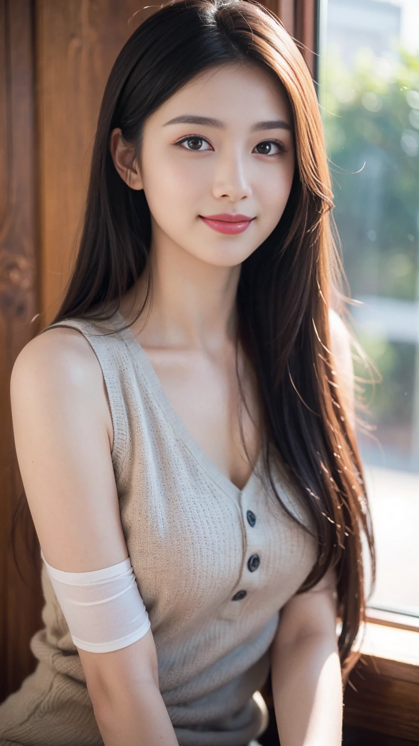 highest quality, masterpiece, ultra high resolution, (realistic:1.4), (close portrait) RAW photo, 1 girl, 22 years old,slender body,small breasts,((In pajamas)),((long hair with straight bangs)),((looking up at the viewer)),(blush),masterpiece, realistic pictures, ((small breasts)),((toothy smile)),