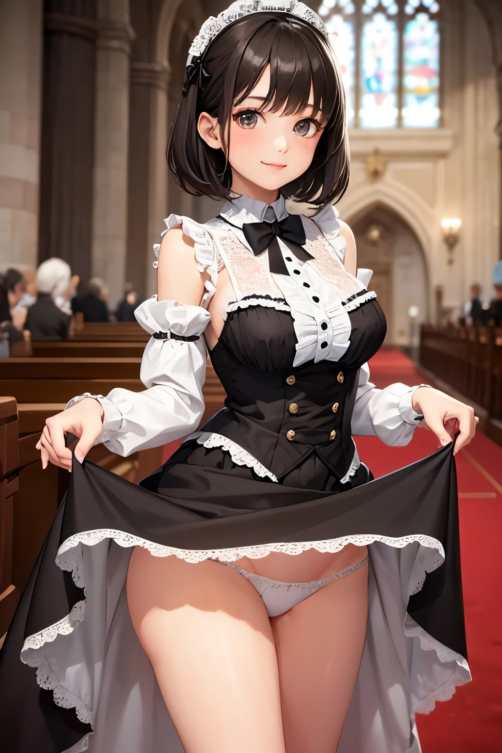 very cute and beautiful girl,(highly detailed beautiful face and eyes:1.2),
(smile),blush,black hair,cowboy shot,looking at viewer,
floral brown pattern ta dress with detailed frills,(skirt lift,white panties),
altar,church,indoors,
(best quality,masterpiece:1.2),intricate details,extremely detailed,high resolution,
solo,cinematic lighting,dynamic angle,
