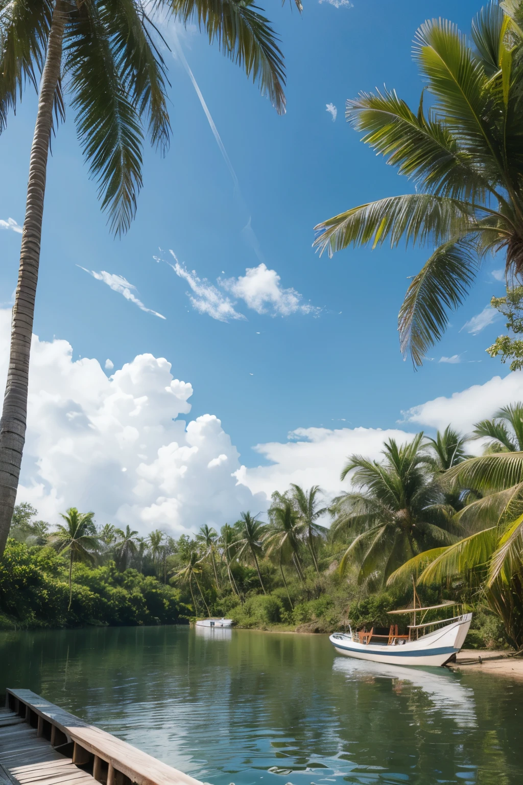 white wooden boat。beside a river。Midday sun。Under the coconut tree。calm lake