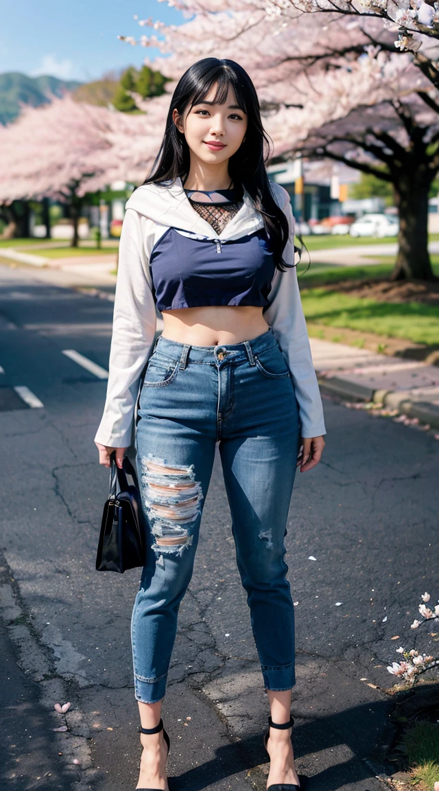 H1N4T4, 1girl, hyuuga hinata, solo, (realistic:0.5), masterpiece, solo, (best quality, perfect detailed, beautifully detailed face, detailed eyes), glistening shiny, ray tracing, DOF, HDR, gradient eyes, sharp eyelashes, ((eyelasheascara, detail_face, eyelashes, shiny hair, flirting, seductive smile, parted lips, medium breasts, (soft particles floating:1.1), ((looking at viewer)), (playmate pose:1.1), (full body:1.1), ((8k wallpaper)), ((highres)), long hair, black hair, white eyes, (pants:1.2), hand on hip, hood, bangs, full body, standing, blurry, looking at viewer, long sleeves, smile, (grassfield:1.4), (tree:1.2), (cherry blossom:1.3), (blue sky:1.3), (sun),