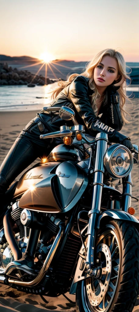 A blond woman sitting on a motorcycle in the sand near the water, Harley Queen, sitting on a motorcycle, profile picture, photo shoot, by Roman Brook, golden hour shot, high-quality upload, motorcycle, Leica SL2 shot