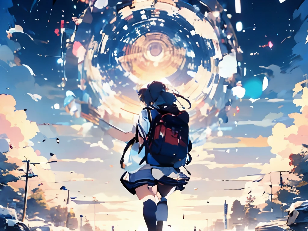 highest quality,pixiv,cozy animation scene, school uniform、white blouse、girl、high school、Landscape、walk、anime style、whole body、bob、whole body、sneakers、cute、rucksack、walk、Overall view、navy blue skirt