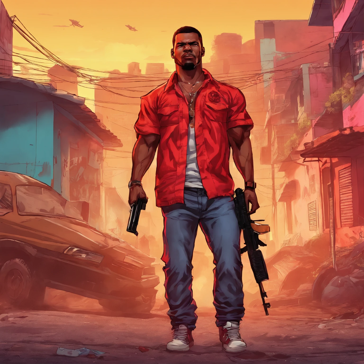 um homem com uma roupa vermelha em uma favela, segurando um rifle, (rosto e corpo extremamente detalhados), cores vibrantes, (retrato), tom de cor vermelha, dramatic lightinelhor qualidade, ultra-detalhado, Altas), Realistic