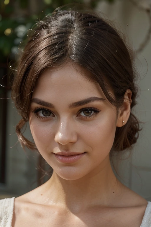 Forehead: Medium-sized, neither too broad nor too narrow, with smooth and unblemished skin. Eyebrows: Naturally arched, well-defined, and neither too thin nor too bushy. Eyes: Almond-shaped, with a mix of hazel and green, featuring long, dark lashes framing them. Nose: Straight bridge leading to a softly rounded tip. Cheeks: Rounded and carrying a natural rosiness, with high cheekbones that add definition. Lips: Full and shapely, with a natural pink hue and a captivating smile. Jawline: Defined but softly sculpted, contributing to an elegant appearance. Overall, the combination of these features creates a face that embodies balance, symmetry, and grace.