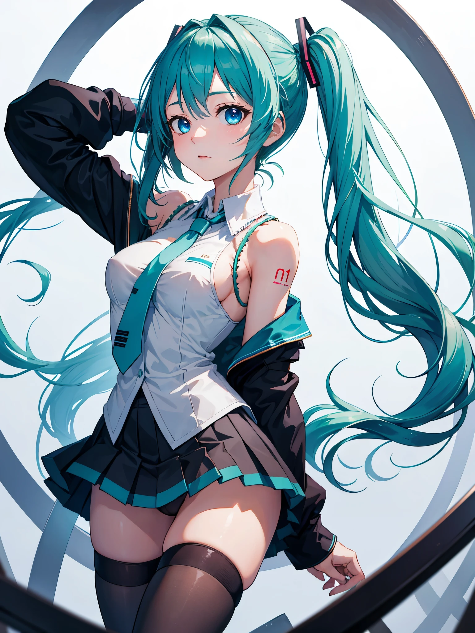 (1 girl),(high quality), (High resolution), (extremely detailed), (8K),(lower body shot),(Hatsune Miku is wearing panties under her school uniform and dark blue short pleated skirt.),(wearing black knee-high stockings)not wearing shoes,perfect writing,(Beautifully erect nipple shape:1.2),High resolutionの美しい目,(neutral white lighting:1.2),Dancing in another world with strong winds