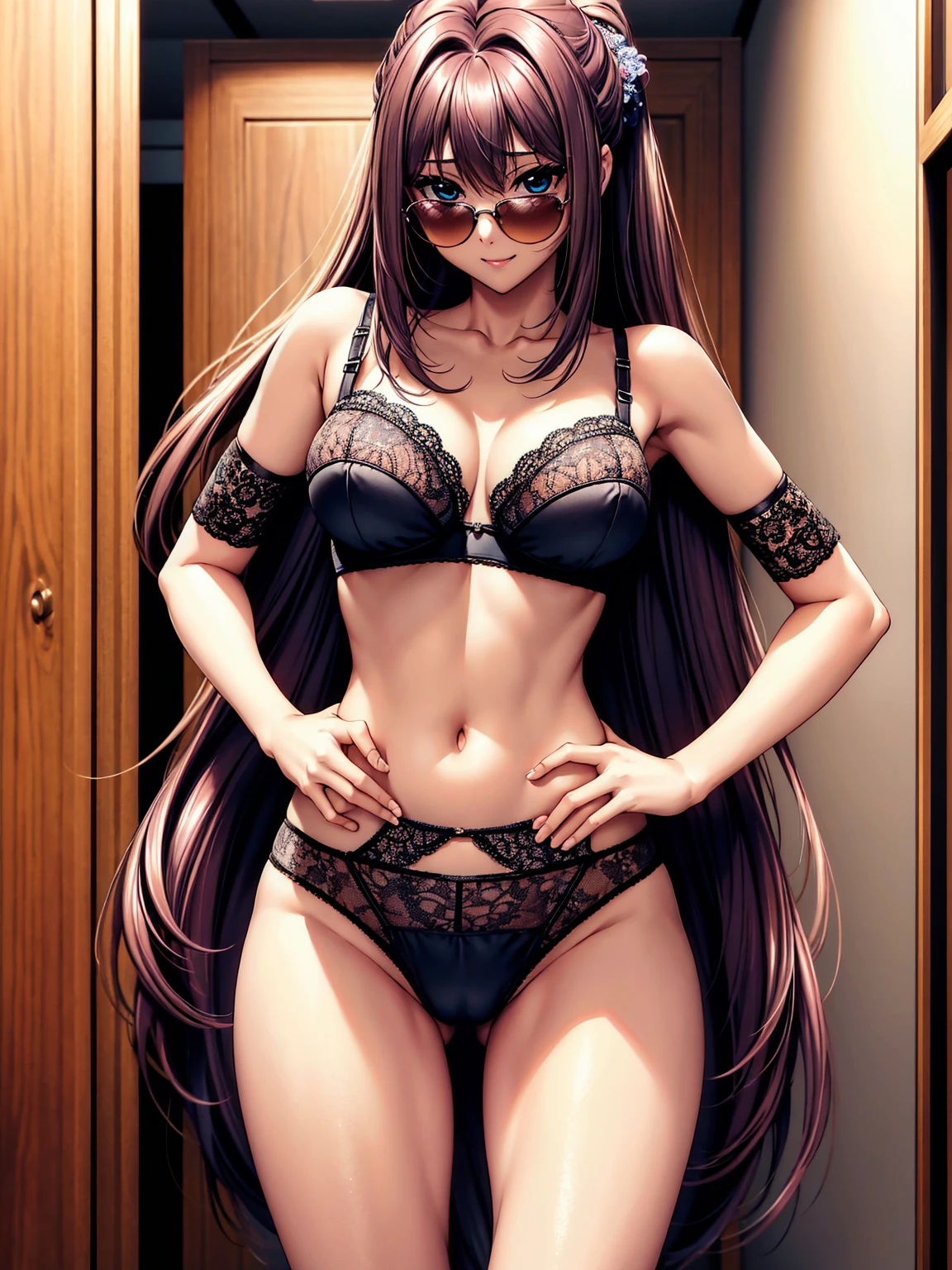 (highest quality、masterpiece、very high resolution、ultra high resolution,High-quality detail)、1 girl with perfect figure、Super beautiful face and eyes、medium long hair、In underwear:1 in colorful colors.2、lace bra:lace panties:Underwear with colors and patterns、locker room、I can see the cleavage、full body portrait、underwear models、He is standing and posing with his hands on his hips.、has a bright smile、underwear appeal、