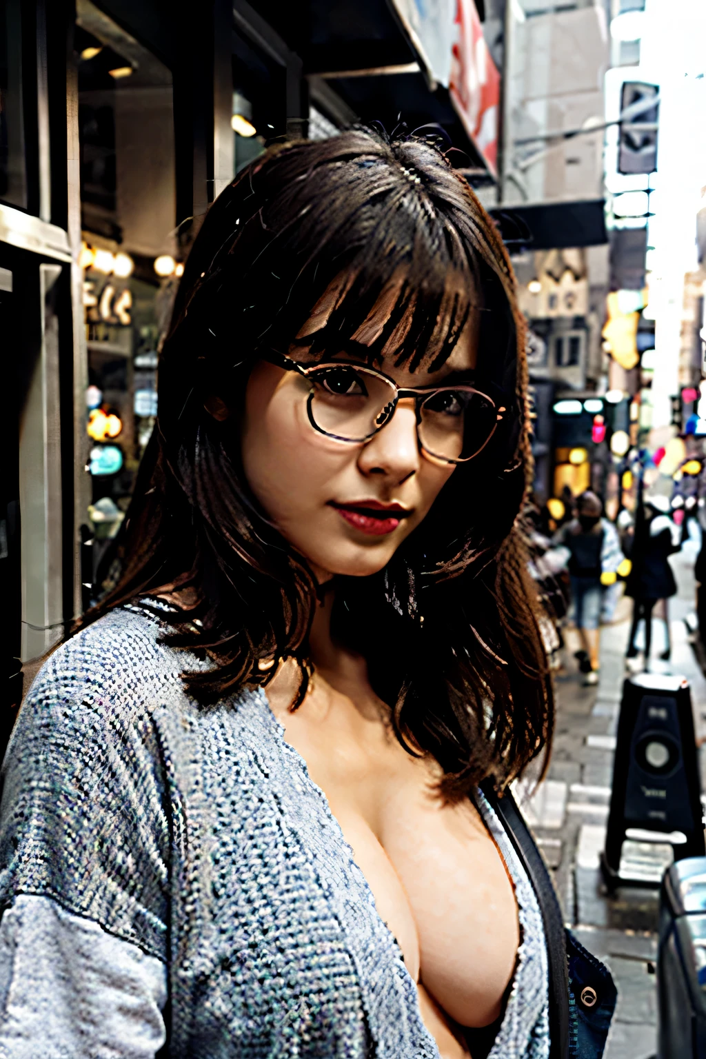 ULTRA DETAILED GIRL WITH CASUAL OUTFIT IN CITY, NORMAL BREAST, GLASSES AND LIPSTICK