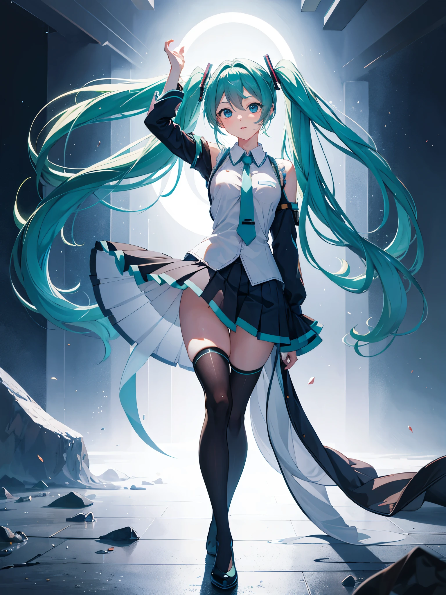 (1 girl),(high quality), (High resolution), (extremely detailed), (8K),(lower body shot),(Hatsune Miku is wearing panties under her transparent school uniform and navy short pleated skirt.),(wearing black knee-high stockings)not wearing shoes,perfect writing,(Beautifully erect nipple shape:1.2),High resolutionの美しい目,(neutral white lighting:1.2),Dancing in another world with strong winds